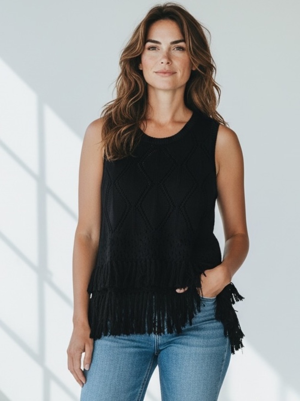 WORTH Women’s Black Knit Tank Top with Fringe Size P